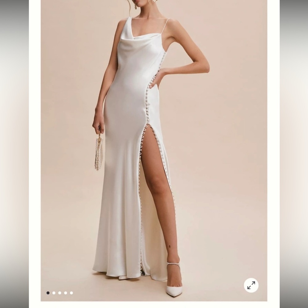 Watters Mirall Cowl-Neck Button-Slit Satin Sheath Wedding Gown
